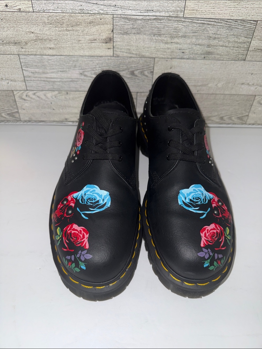 Dr. Martens Black Leather Lace-Up Shoes with Red & Blue Rose Print
